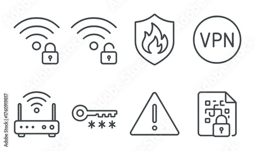 Cybersecurity icons: wifi, vpn, firewall, security, encryption