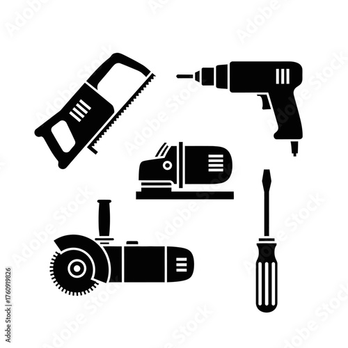 A set of black and white tool, cutter, and drill icons. Vector icon set. Isolated on a white background.