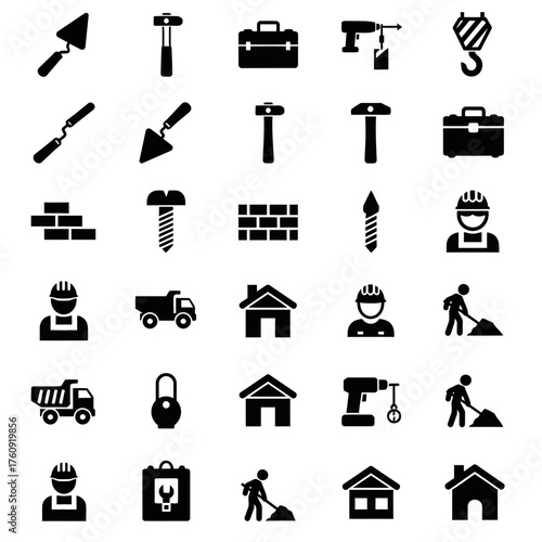 A collection of black and white construction, tools, and heavy equipment icons. Vector icon set. Isolated on a white background.
