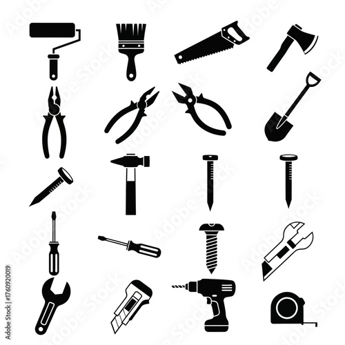 Set of black tool icons including hammer, wrench, drill, saw, pliers, and screwdriver. Perfect for construction, DIY, mechanic, and engineering design projects. Vector silhouette collection.