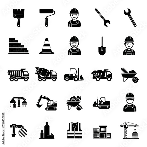 A collection of black and white construction, tools, and heavy equipment icons. Vector icon set. Isolated on a white background.