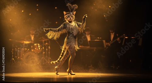 A cat in a flapper dress performs a jazz dance on stage with a live band.