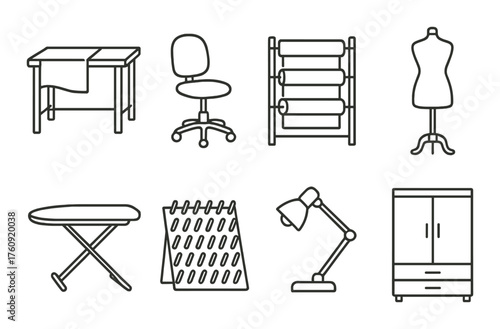 Sewing room essentials: table, chair, mannequin, wardrobe, lamp, ironing board, rack