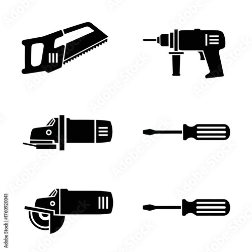 A set of black and white tool, cutter, and drill icons. Vector icon set. Isolated on a white background.