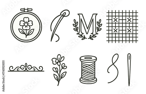 Embroidery elements: needle, thread, floral designs, and decorative patterns