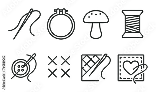 Embroidery icons: needle, thread, button, and hoop symbols