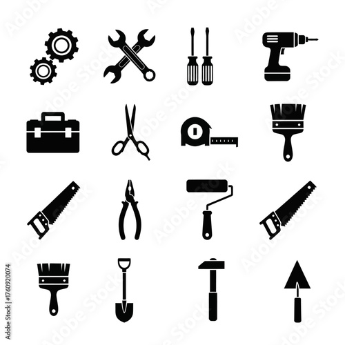 A series of black and white wrench tool icons. Vector icon set. Isolated on a white background.