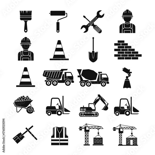 A collection of black and white construction, tools, and heavy equipment icons. Vector icon set. Isolated on a white background.