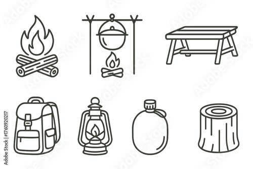 Camping essentials: fire, cooking, backpack, lantern, canteen, stool, log