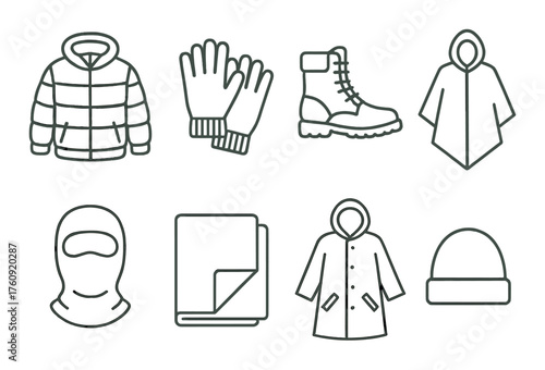 Winter clothing icons featuring jacket, gloves, boots, poncho, balaclava, blanket, coat, beanie
