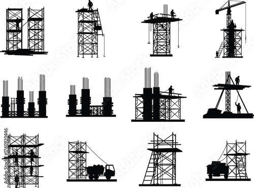Scaffolding, Crane, Concrete, Column, Rebar, Construction, Workers, Silhouette, Structure, Framework, Industrial, Site, Labor, Equipment, 