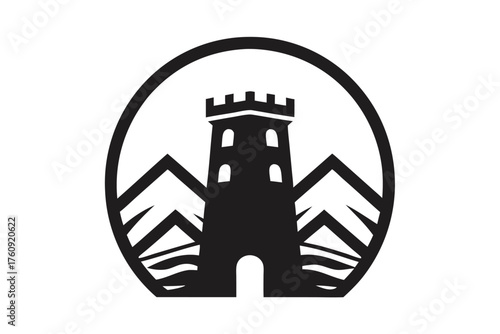 Black castle silhouette stands proudly with mountainous features encircled within a bold outline