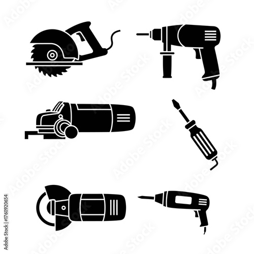 A set of black and white tool, cutter, and drill icons. Vector icon set. Isolated on a white background.