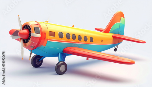 A model of a yellow airplane with a red propeller.
2