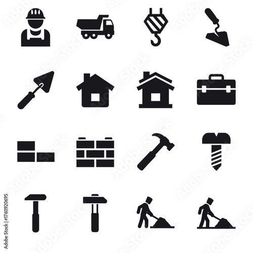 A collection of black and white construction, tools, and heavy equipment icons. Vector icon set. Isolated on a white background.