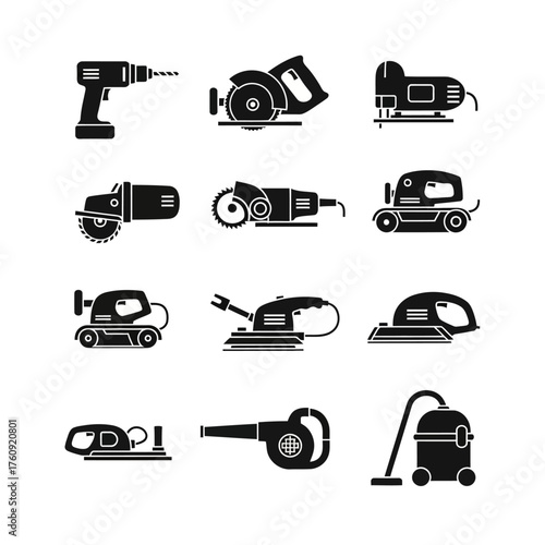 A set of black and white tool, cutter, and drill icons. Vector icon set. Isolated on a white background.