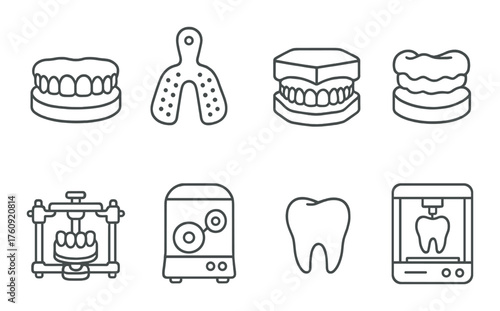 Dental tools and equipment: dentures, molds, tooth icons on grey background