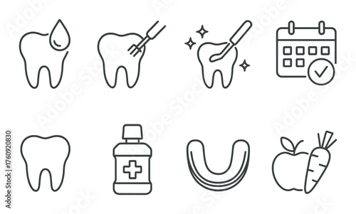 Dental care icons set featuring toothbrush, tooth decay, mouthwash, and healthy foods