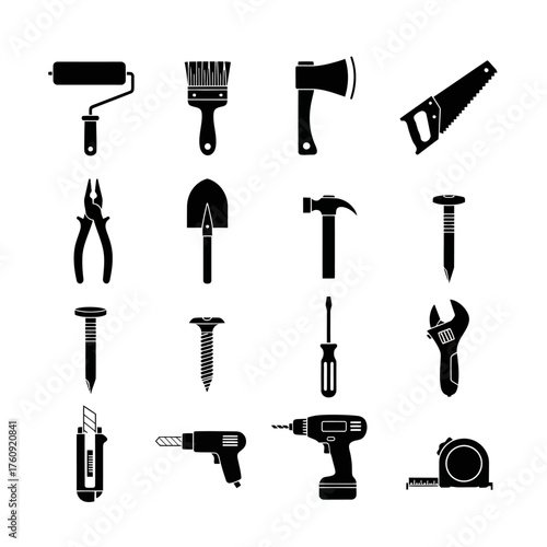 Set of black tool icons including hammer, wrench, drill, saw, pliers, and screwdriver. Perfect for construction, DIY, mechanic, and engineering design projects. Vector silhouette collection.