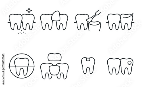 Tooth restoration and dental care icons: crowns, fillings, whitening, braces, implants, extraction