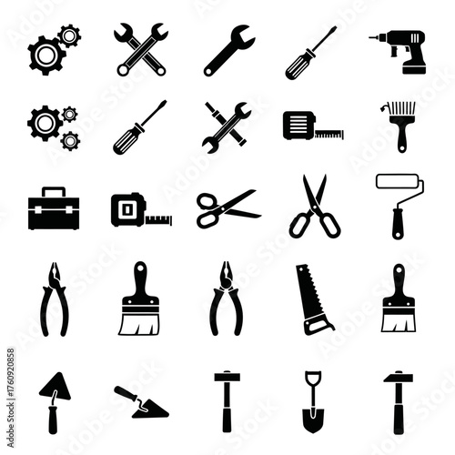 A series of black and white wrench tool icons. Vector icon set. Isolated on a white background.