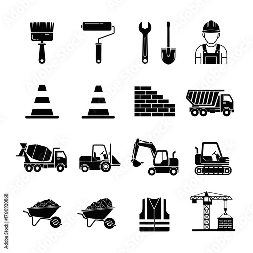 A collection of black and white construction, tools, and heavy equipment icons. Vector icon set. Isolated on a white background.