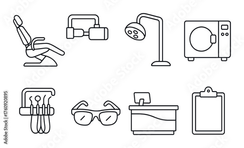 Dental clinic equipment icons: chair, tools, light, washing machine, sunglasses, counter, clipboard