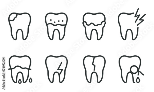 Illustration of eight tooth decay and damage icons on dark background