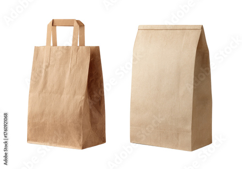 Two kraft paper shopping bags.  One with a handle, one without.  Both are light brown