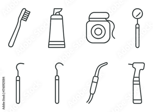 Dental care tools: toothbrush, toothpaste, floss, dental mirror in gray vector art