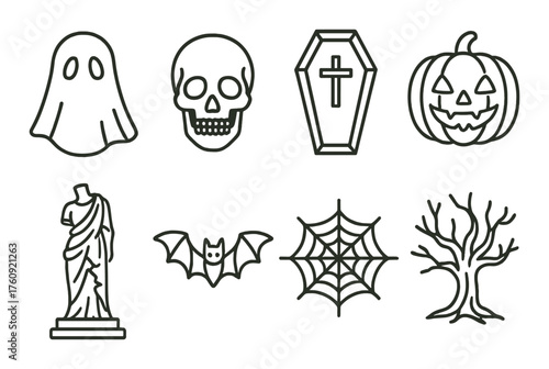Halloween icons: ghost, skull, coffin, pumpkin, statue, bat, spiderweb, tree silhouettes