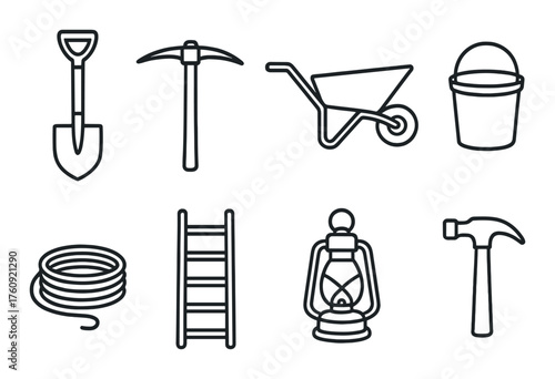 Set of gardening and construction tools icons on dark background
