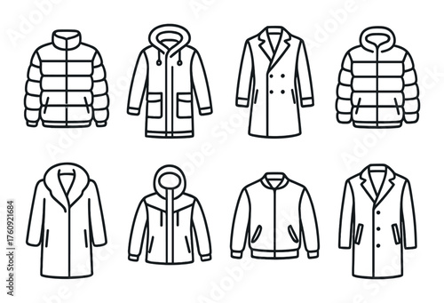 Variety of coat outlines on dark background: hooded, puffer, and overcoat designs