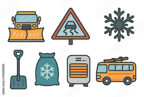 Winter safety icons: snow plow, slippery road sign, snowflake, heater, shovel, salt bag, bus