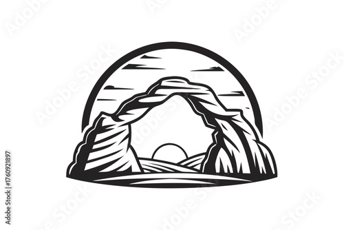 Black monochrome stone arch frames a sun over distant hills and sky