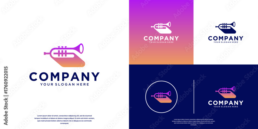 Fototapeta premium Music education logo with a book and trumpet concept, orchestra performance, harmony, graphic design template.