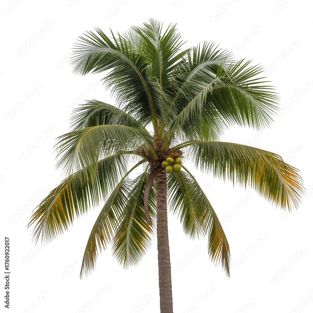 Fototapeta premium Coconut palm tree with green coconuts and fronds isolated on a transparent background image