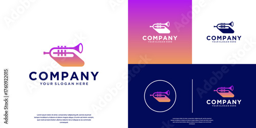 Music education logo with a book and trumpet concept, orchestra performance, harmony, graphic design template.