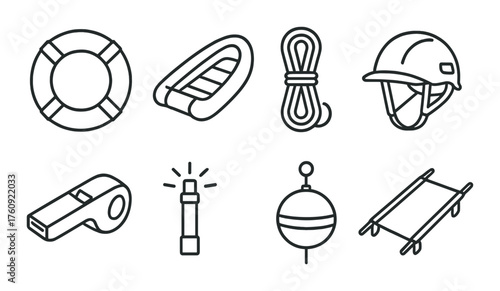 Essential water safety equipment icons: life raft, helmet, rope, and more