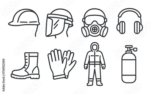 Industrial safety equipment icons set featuring helmets masks gloves and more