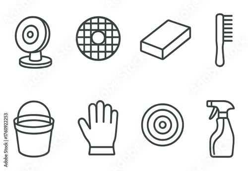 Vector outlined cleaning icons set featuring camera, sponge, comb, and spray bottle
