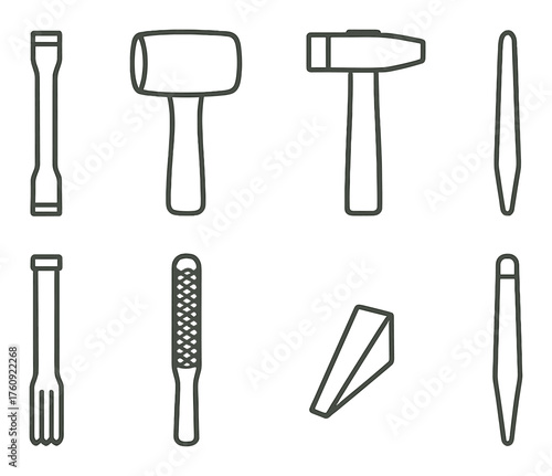 Outline illustrations of various blacksmith tools on a brown background