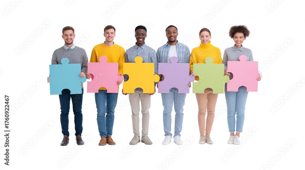 Obraz premium Diverse Group Holding Colorful Puzzle Pieces for Collaboration Concept