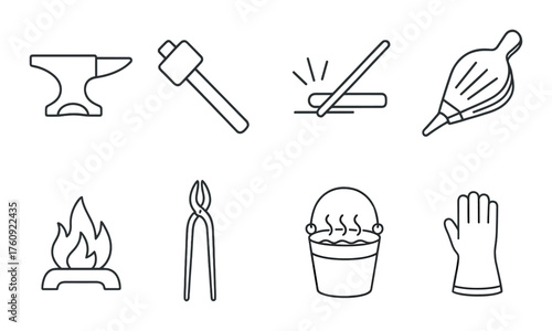 Blacksmithing tools: anvil, hammer, tongs and forge icons on dark background
