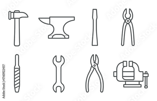 Set of eight vintage metalwork tool silhouettes on dark background