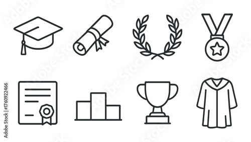 Academic achievement symbols: diploma, graduation cap, trophy, medal, certificate, laurel, podium