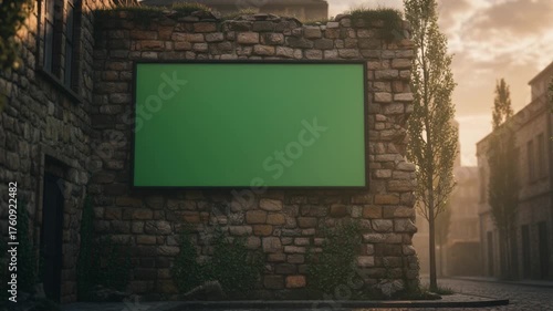 Green Screen Billboard on Old Stone Wall in Rustic European Town