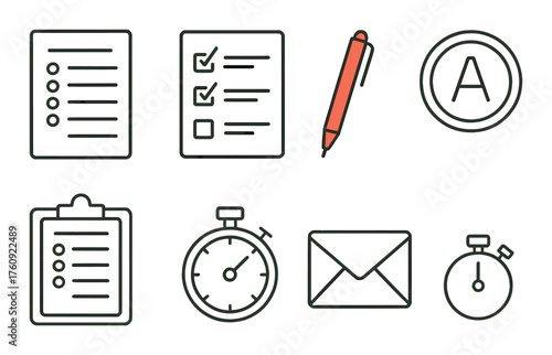 Minimalistic icons set: lists, checklist, pen, stopwatch, envelope