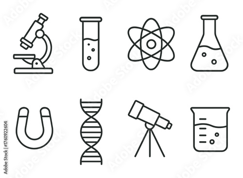 Science icons: microscope, flask, dna, telescope, atom, beaker, test tube, magnet