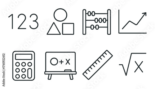Mathematics icon set: numbers, geometry, calculator, ruler, abacus, graph, blackboard
